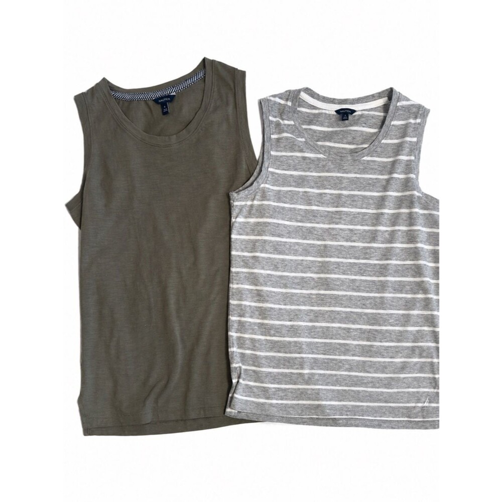 Nautica Womens Small Sleeveless Shirt Lot of 2 White Gray Striped Olive Tank Top